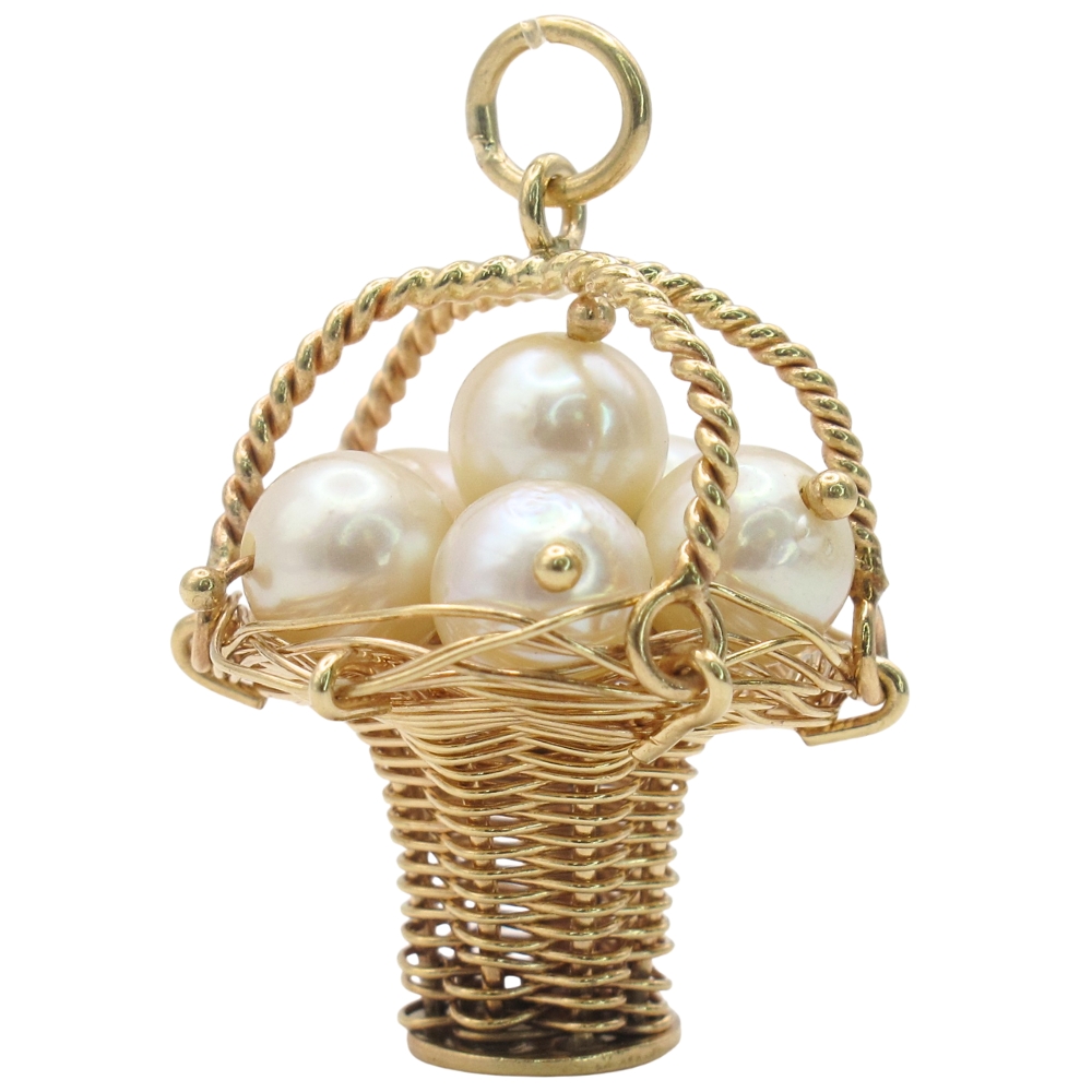 Vintage Cultured Pearl Basket Charm 14K Gold Three-Dimensional