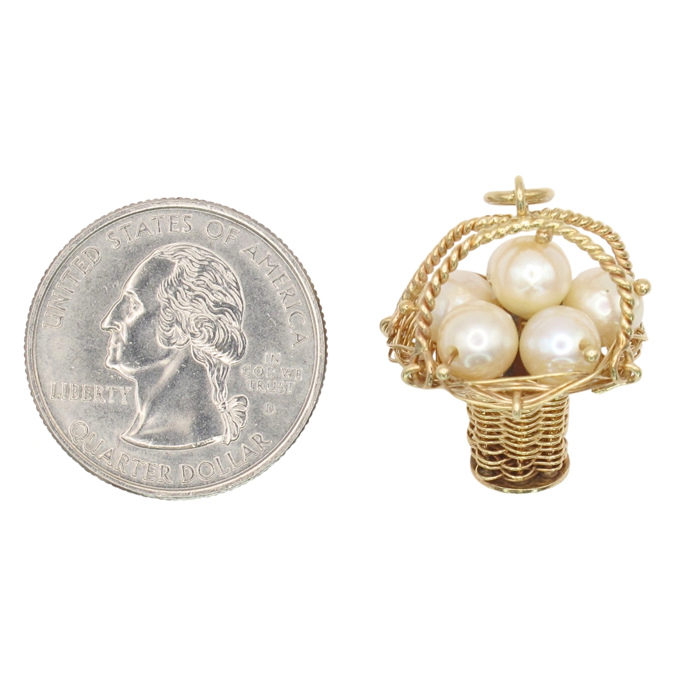 Vintage Cultured Pearl Basket Charm 14K Gold Three-Dimensional size Vintage Cultured Pearl Basket Charm 14K Gold Three-Dimensional size