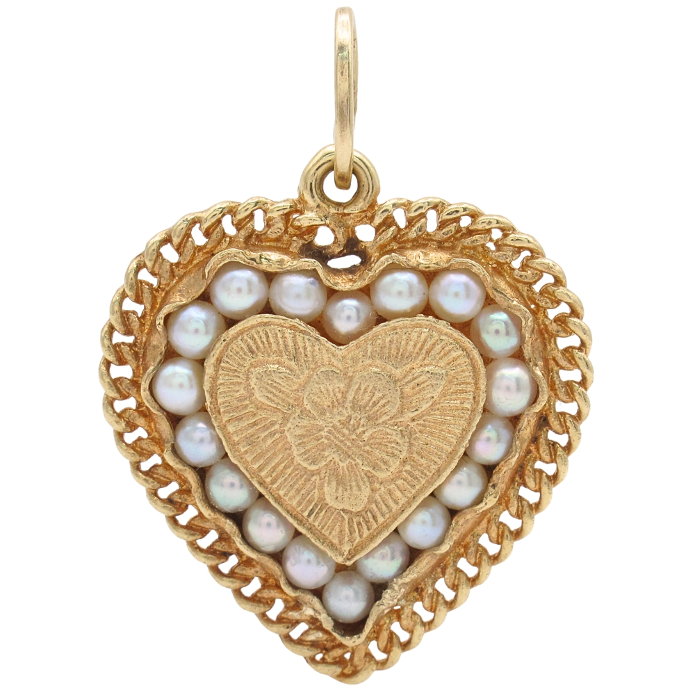 Vintage Cultured Pearl Heart Locket Charm or Pendant 14K Gold