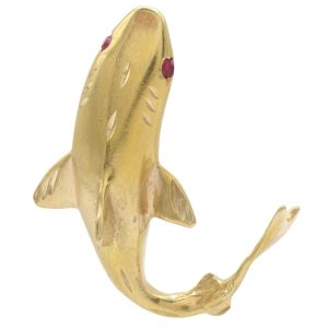 Vintage Shark Pendant with Ruby Eyes in 14K Gold