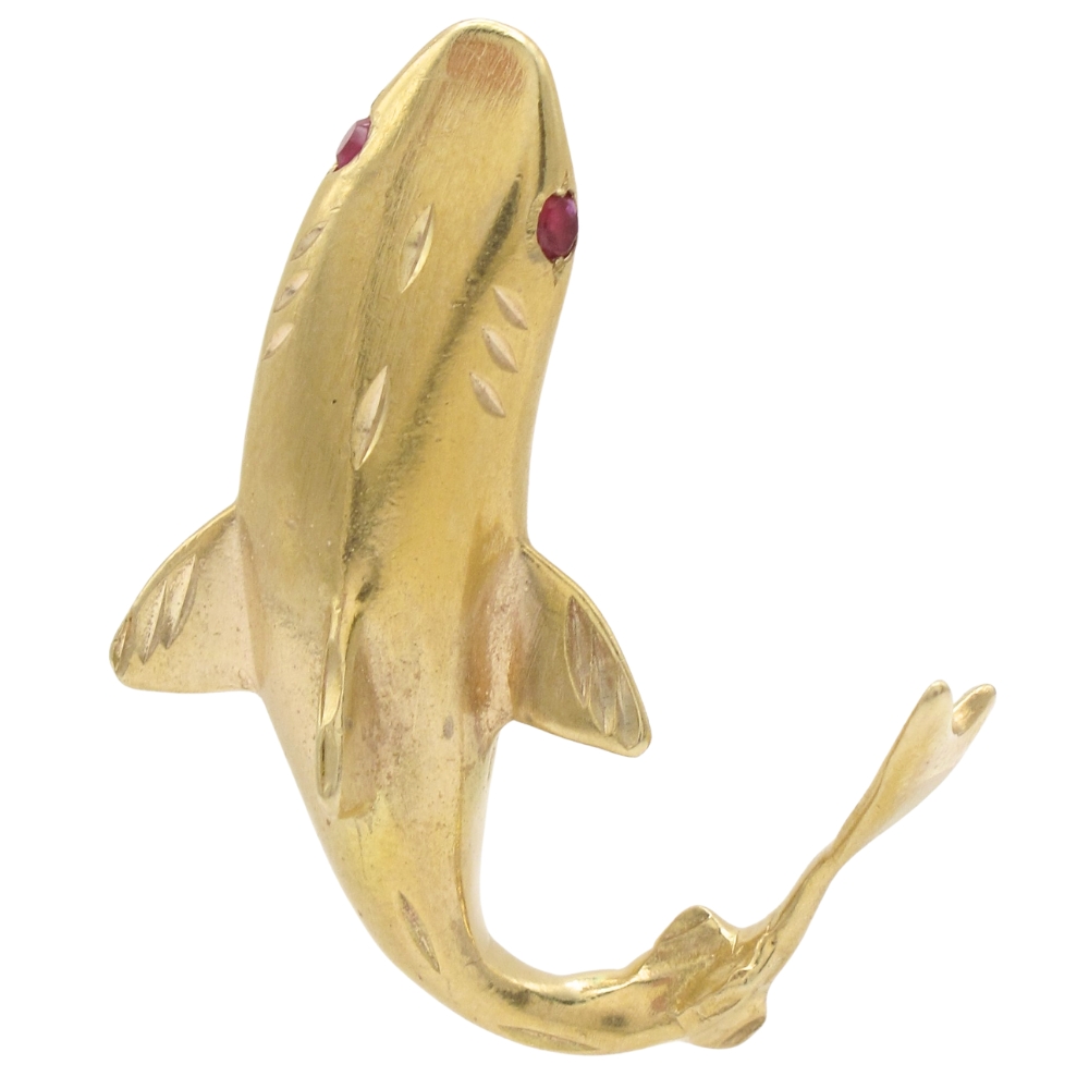 Vintage Shark Pendant with Ruby Eyes in 14K Gold