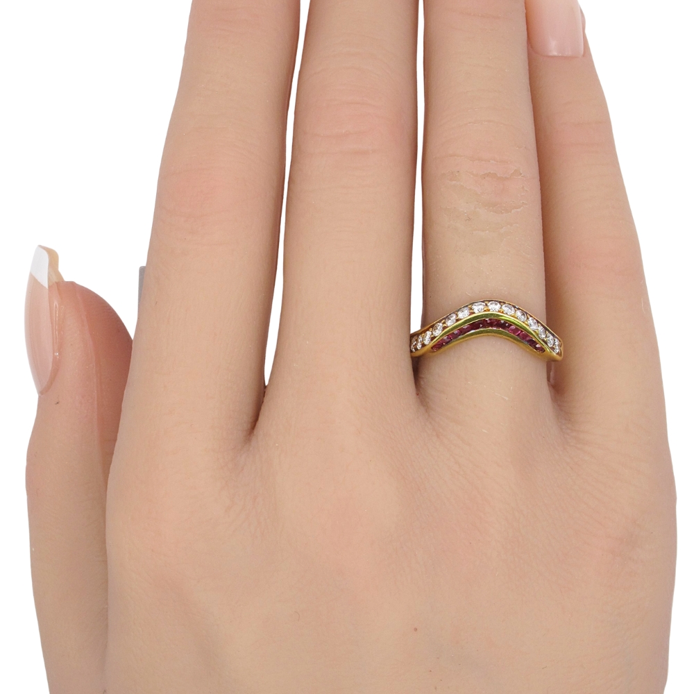 0.55ctw Ruby & Diamond Wave Band Ring 18K Gold worn 0.55ctw Ruby & Diamond Wave Band Ring 18K Gold worn