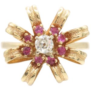 0.70ctw Old Mine Cut Diamond Ring with Ruby Accents in 14K Gold front