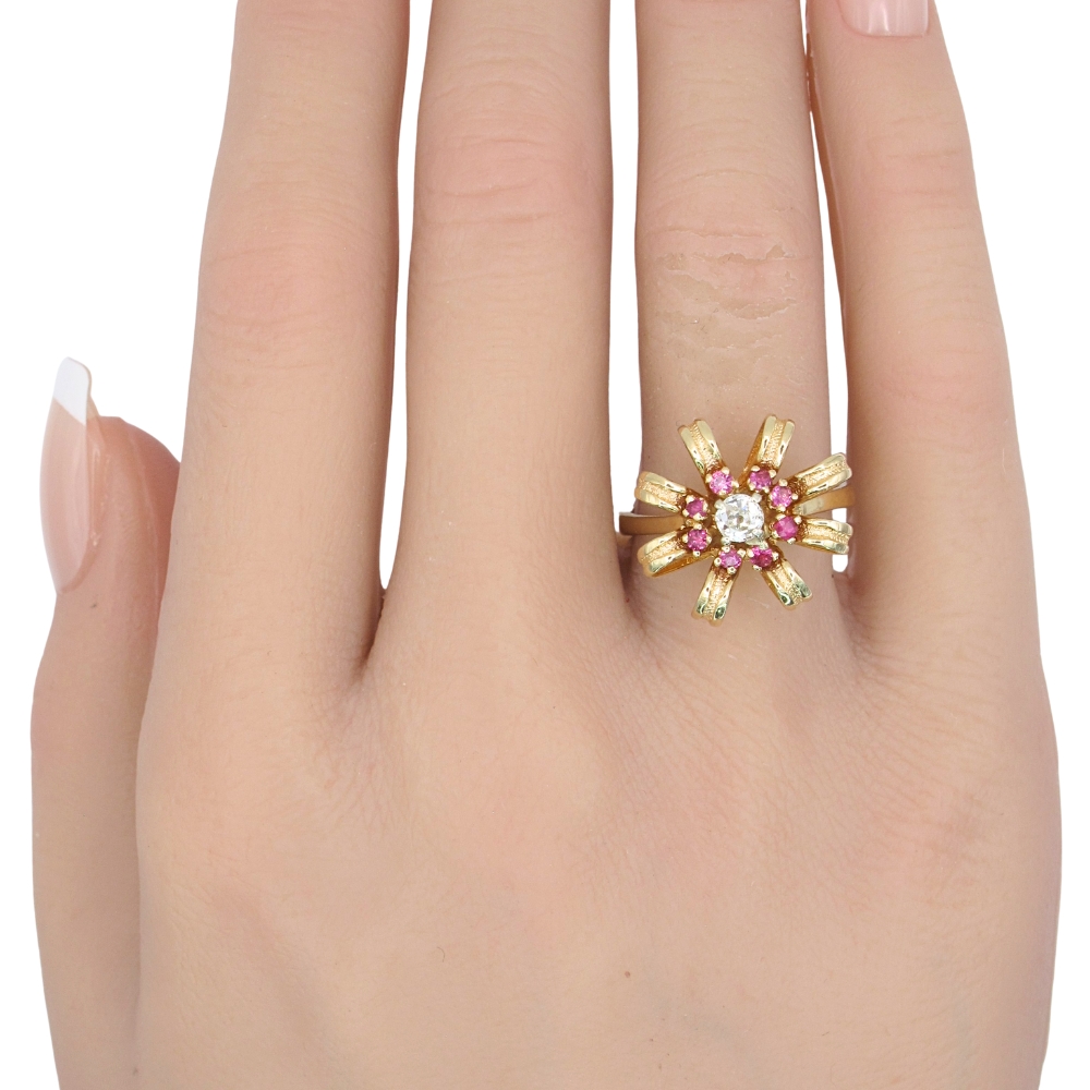 0.70ctw Old Mine Cut Diamond Ring with Ruby Accents in 14K Gold worn 0.70ctw Old Mine Cut Diamond Ring with Ruby Accents in 14K Gold worn