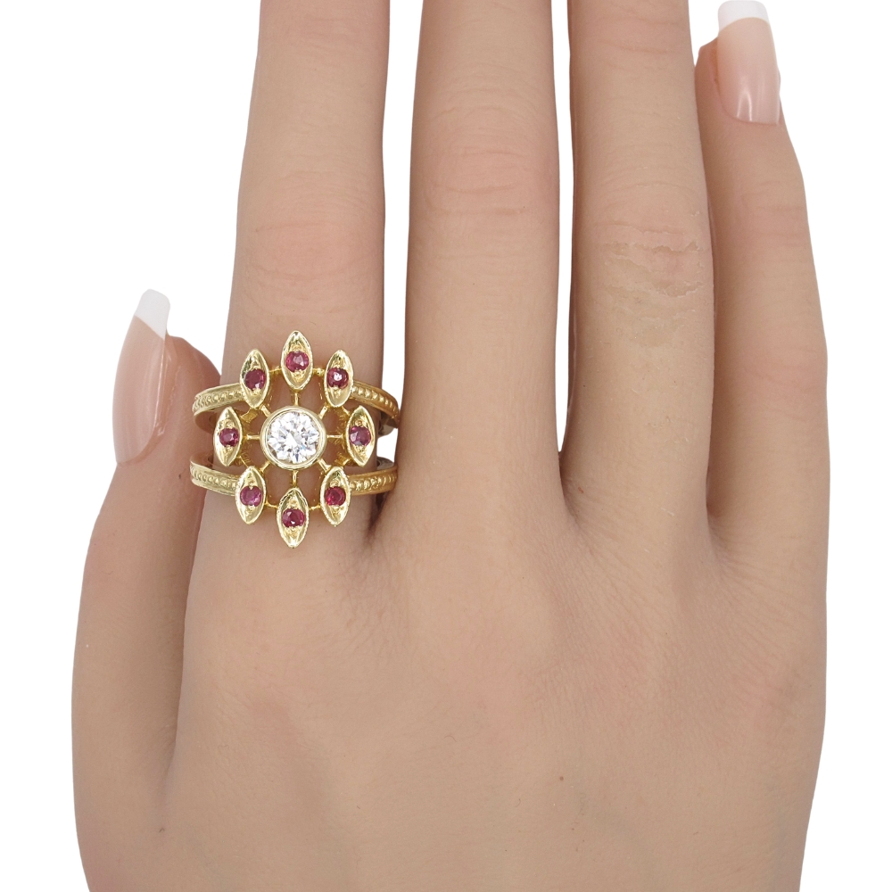 1.0ctw Diamond Fashion Ring with Ruby Accents 14K Gold worn 1.0ctw Diamond Fashion Ring with Ruby Accents 14K Gold worn