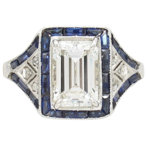1.19ct Emerald Cut Diamond Edwardian Ring with Sapphire Frame GIA