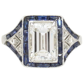 1.19ct Emerald Cut Diamond Edwardian Ring with Sapphire Frame GIA