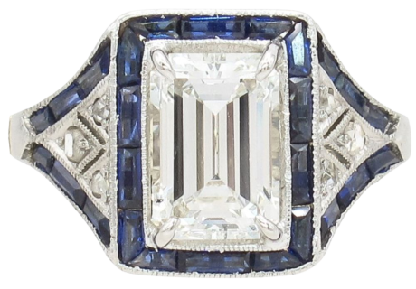 1.19ct Emerald Cut Diamond Edwardian Ring with Sapphire Frame GIA