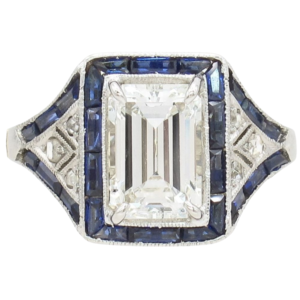 1.19ct Emerald Cut Diamond Edwardian Ring with Sapphire Frame GIA