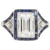 1.19ct Emerald Cut Diamond & Sapphire Edwardian Ring GIA 18K Gold & Platinum Front