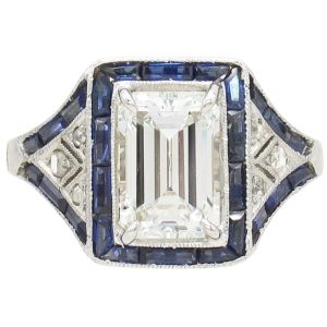 1.19ct Emerald Cut Diamond & Sapphire Edwardian Ring GIA 18K Gold & Platinum Front