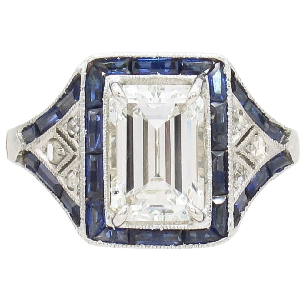 1.19ct Emerald Cut Diamond & Sapphire Edwardian Ring GIA 18K Gold & Platinum Front 1.19ct Emerald Cut Diamond & Sapphire Edwardian Ring GIA 18K Gold & Platinum Front