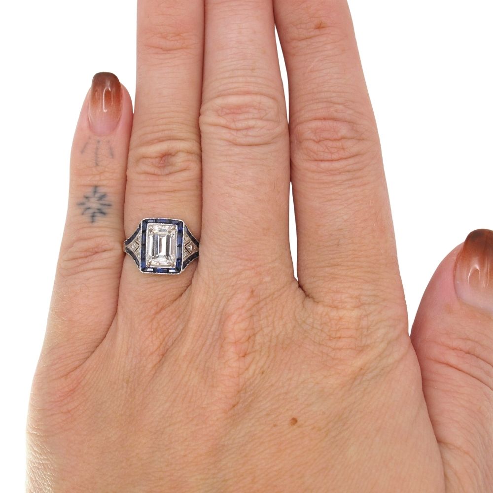 1.19ct Emerald Cut Diamond & Sapphire Edwardian Ring GIA 18K Gold & Platinum Modeled 1.19ct Emerald Cut Diamond & Sapphire Edwardian Ring GIA 18K Gold & Platinum Modeled