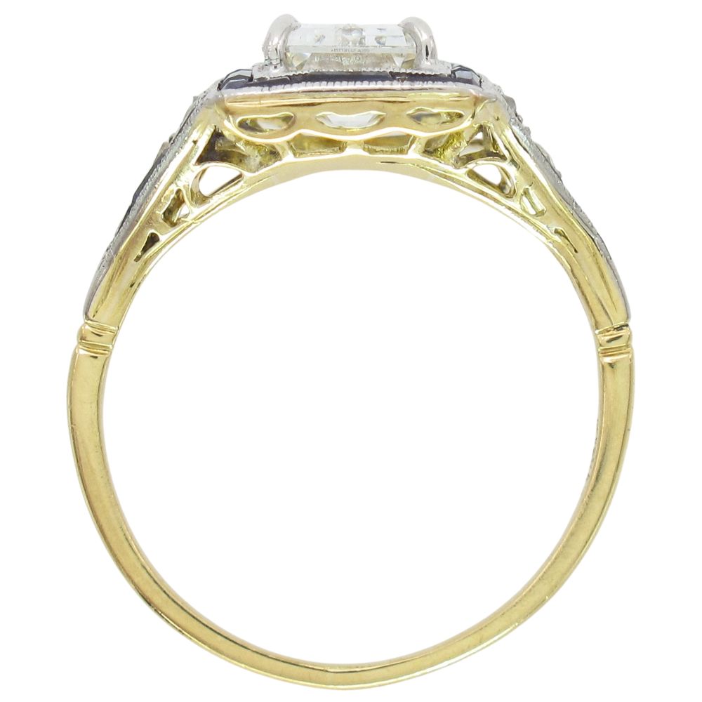 1.19ct Emerald Cut Diamond & Sapphire Edwardian Ring GIA 18K Gold & Platinum Profile 1.19ct Emerald Cut Diamond & Sapphire Edwardian Ring GIA 18K Gold & Platinum Profile