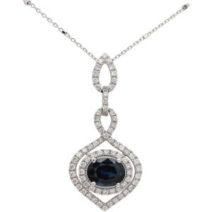 1.72ct Blue Sapphire Diamond Halo Necklace 18K White Gold Front