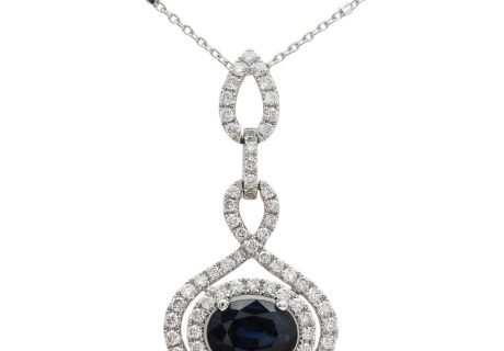 1.72ct Blue Sapphire Diamond Halo Necklace 18K White Gold Front