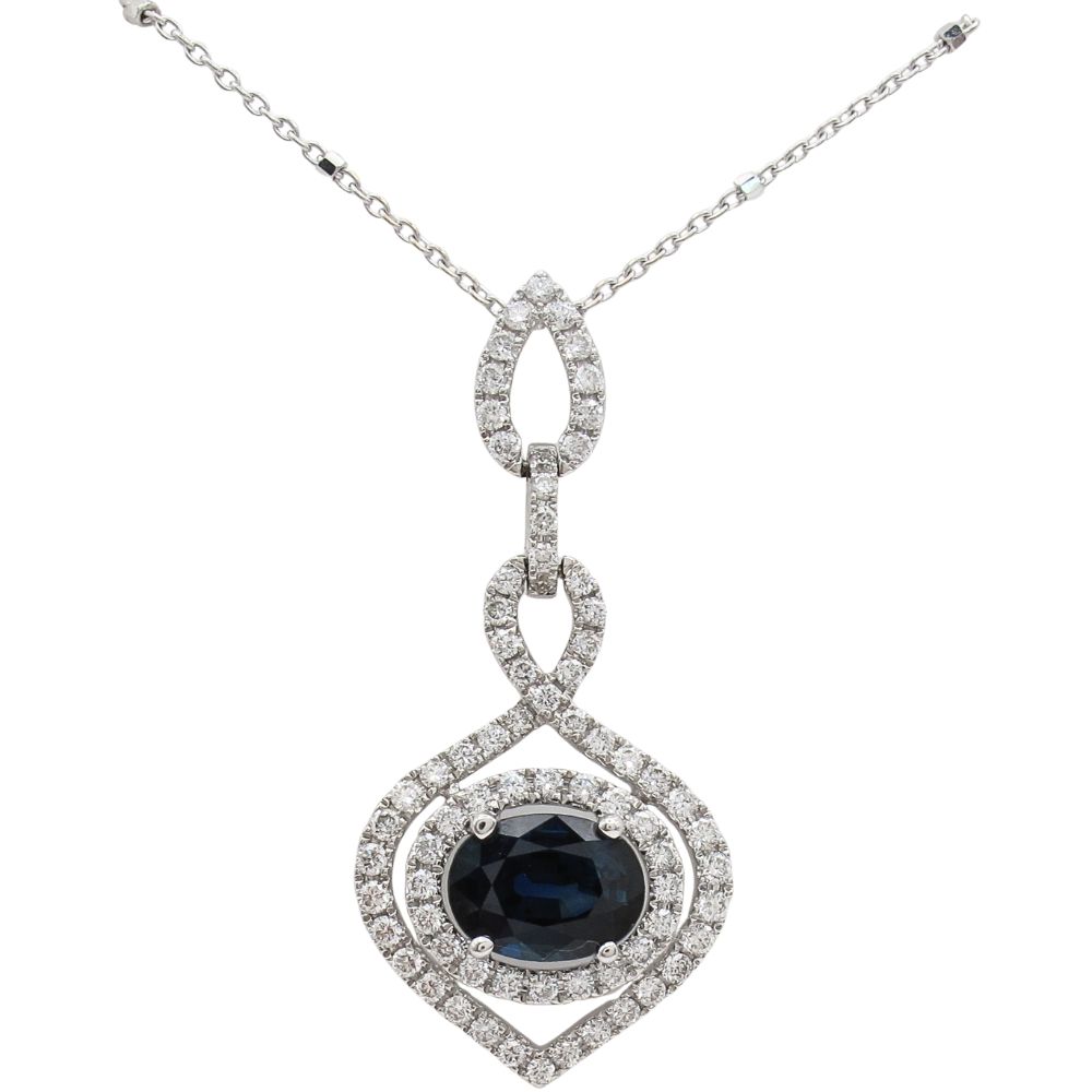 1.72ct Blue Sapphire Diamond Halo Necklace 18K