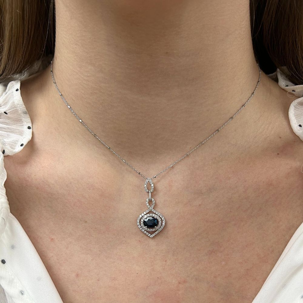 1.72ct Blue Sapphire Diamond Halo Necklace 18K White Gold Modeled 1.72ct Blue Sapphire Diamond Halo Necklace 18K White Gold Modeled