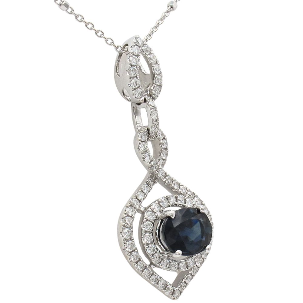 1.72ct Blue Sapphire Diamond Halo Necklace 18K White Gold Side 1.72ct Blue Sapphire Diamond Halo Necklace 18K White Gold Side