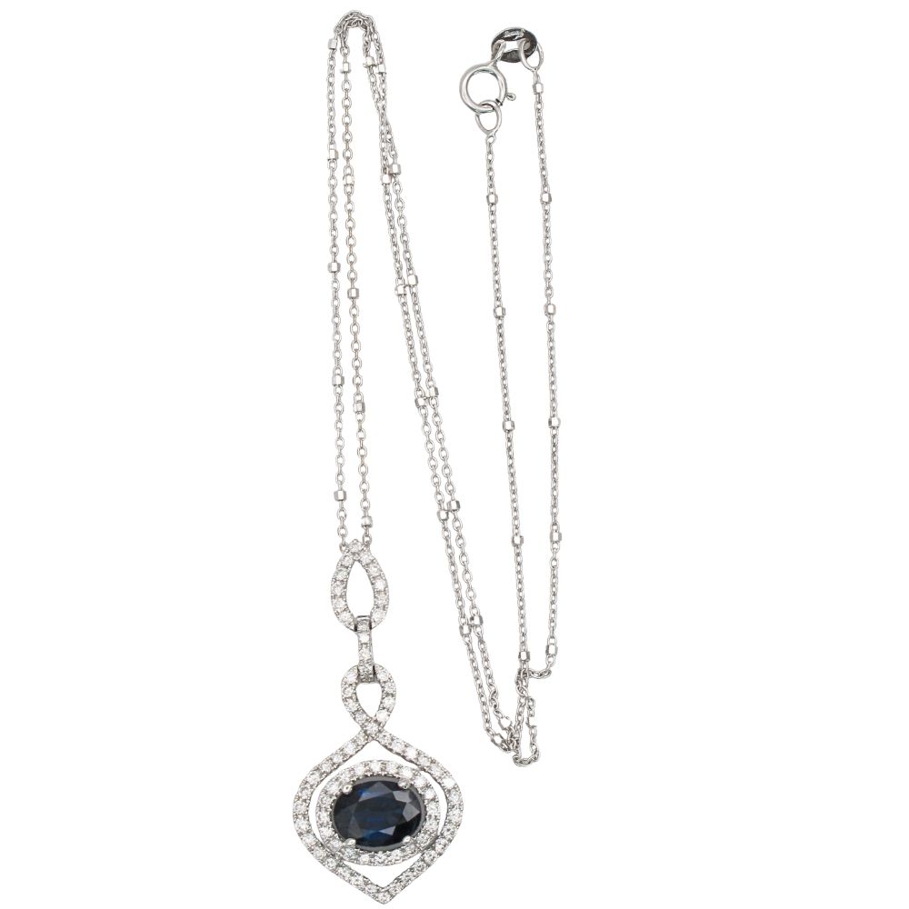1.72ct Blue Sapphire Diamond Halo Necklace 18K White Gold 1.72ct Blue Sapphire Diamond Halo Necklace 18K White Gold