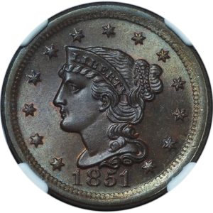 1851 Braided Hair Large Cent MS67BN NGC