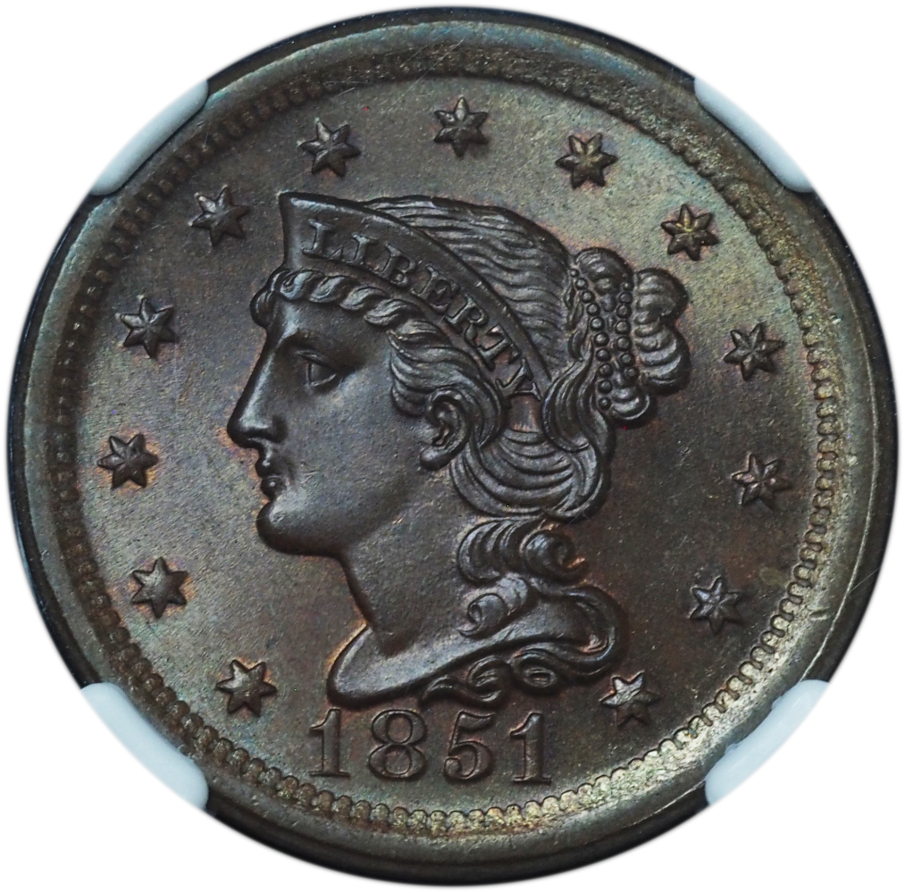 1851 Braided Hair Large Cent MS67BN NGC (3) 1851 Braided Hair Large Cent MS67BN NGC