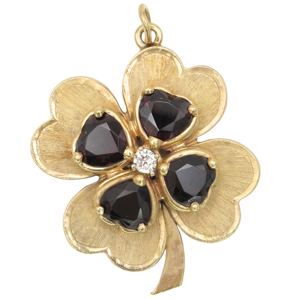 5.82ctw Garnet Four-Leaf Clover Statement Pendant or Charm 14K Gold front 5.82ctw Garnet Four-Leaf Clover Statement Pendant or Charm 14K Gold front