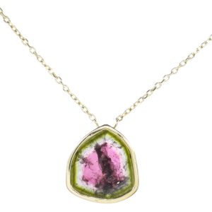 7ct Watermelon Tourmaline Slice Station Necklace 14K Yellow Gold