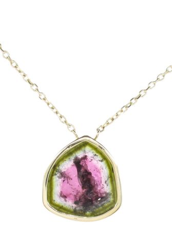 7ct Watermelon Tourmaline Slice Station Necklace 14K