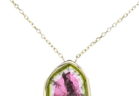 7ct Watermelon Tourmaline Slice Station Necklace 14K Yellow Gold