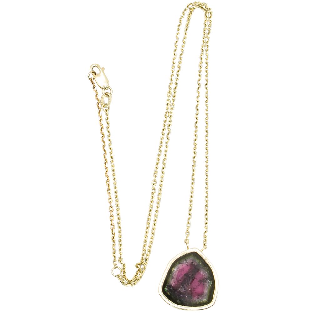 7ct Watermelon Tourmaline Slice Station Necklace 14K Yellow Gold Layout 7ct Watermelon Tourmaline Slice Station Necklace 14K Yellow Gold Layout