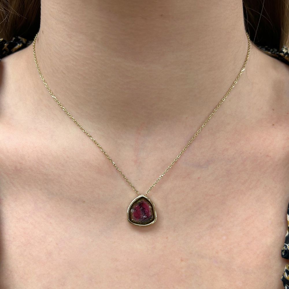 7ct Watermelon Tourmaline Slice Station Necklace 14K Yellow Gold Modeled 7ct Watermelon Tourmaline Slice Station Necklace 14K Yellow Gold Modeled