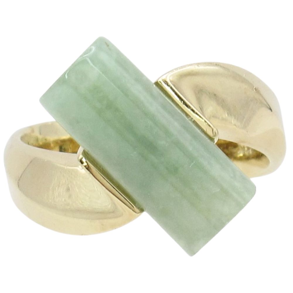 Asymmetrical Barrel Cut Jade Ring 14K Yellow Gold Front Asymmetrical Barrel Cut Jade Ring 14K Yellow Gold Front