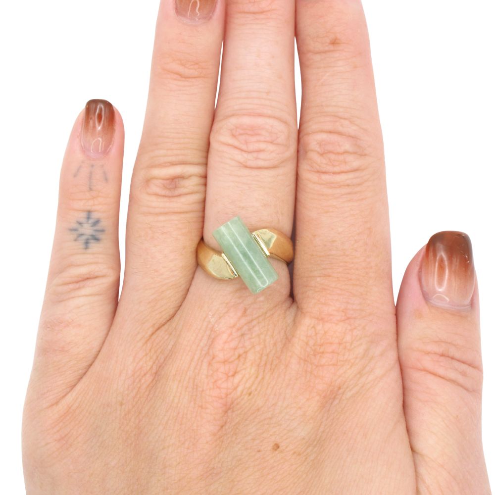 Asymmetrical Barrel Cut Jade Ring 14K Yellow Gold Modeled Asymmetrical Barrel Cut Jade Ring 14K Yellow Gold Modeled