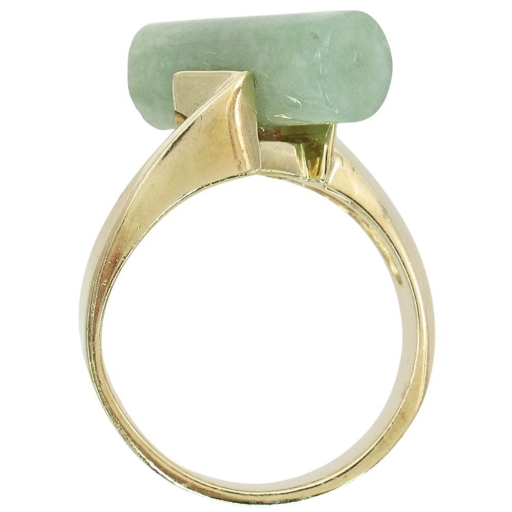 Asymmetrical Barrel Cut Jade Ring 14K Yellow Gold Profile Asymmetrical Barrel Cut Jade Ring 14K Yellow Gold Profile