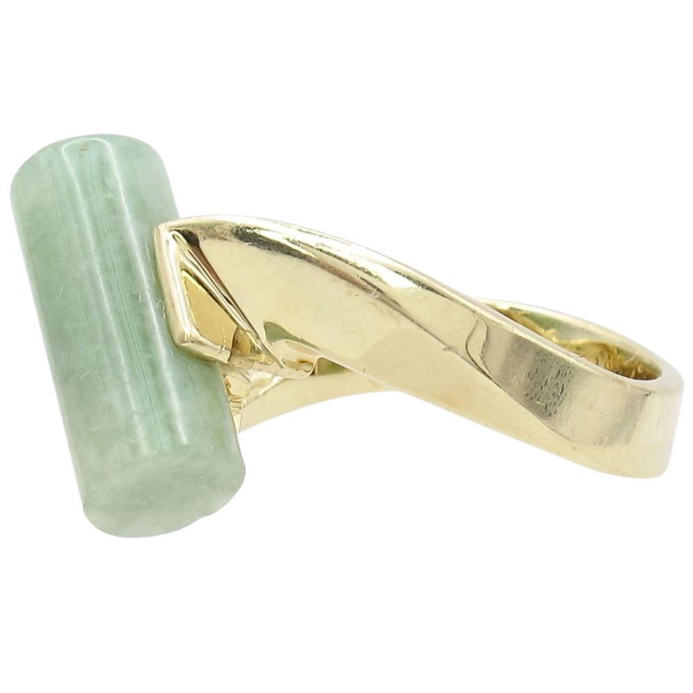 Asymmetrical Barrel Cut Jade Ring 14K Yellow Gold Side Asymmetrical Barrel Cut Jade Ring 14K Yellow Gold Side