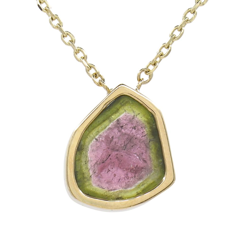 Custom 1.69ctw Layered Diamond & Watermelon Tourmaline Necklace 14K Yellow Gold Close up Custom 1.69ctw Layered Diamond & Watermelon Tourmaline Necklace 14K Yellow Gold Close up