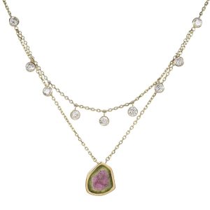 Custom 1.69ctw Layered Diamond & Watermelon Tourmaline Necklace 14K Yellow Gold Front