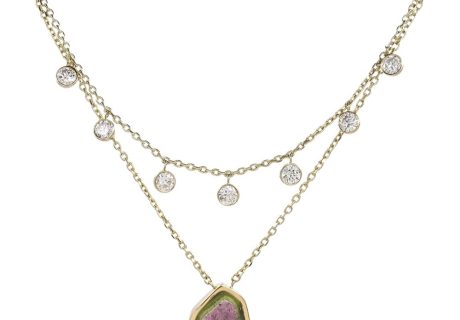 Custom 1.69ctw Layered Diamond & Watermelon Tourmaline Necklace 14K Yellow Gold Front