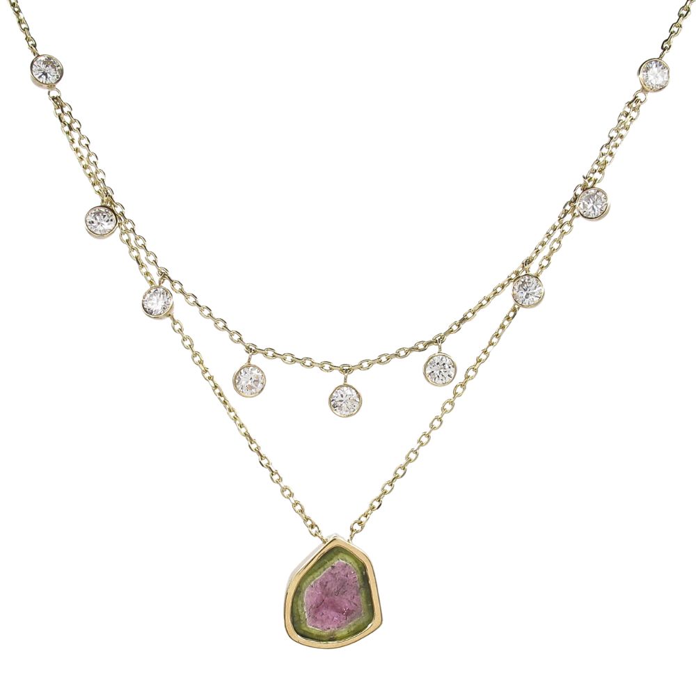 Custom 1.69ctw Layered Diamond & Watermelon Tourmaline Necklace 14K Yellow Gold Front Custom 1.69ctw Layered Diamond & Watermelon Tourmaline Necklace 14K Yellow Gold Front