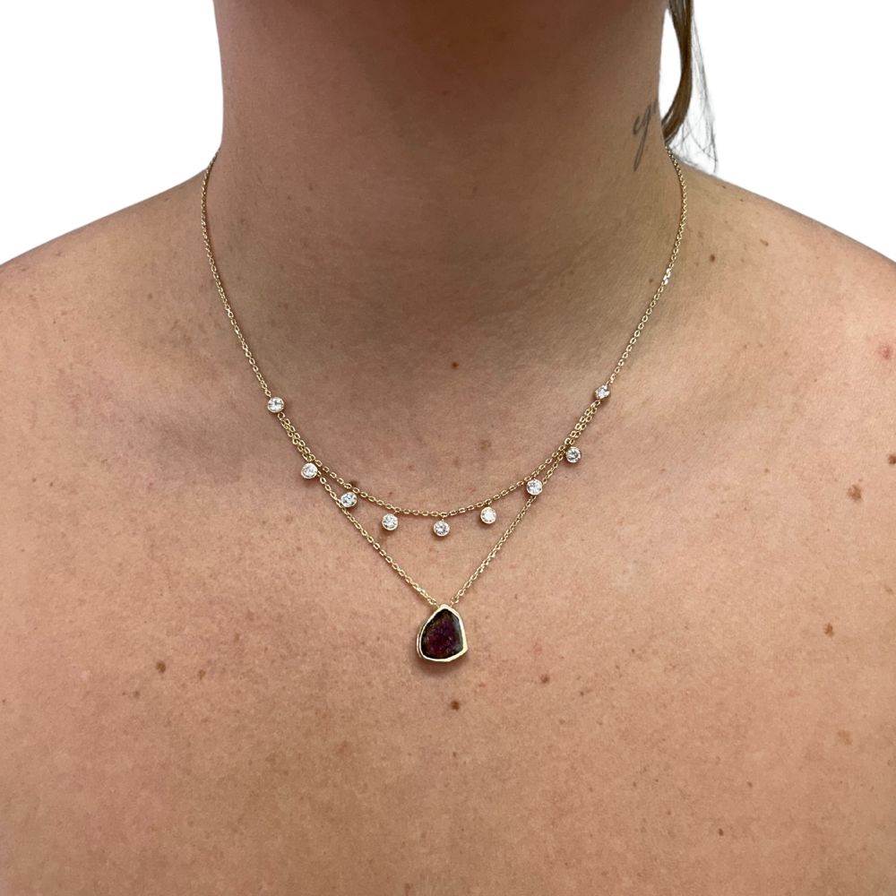 Custom 1.69ctw Layered Diamond & Watermelon Tourmaline Necklace 14K Yellow Gold Modeled Custom 1.69ctw Layered Diamond & Watermelon Tourmaline Necklace 14K Yellow Gold Modeled
