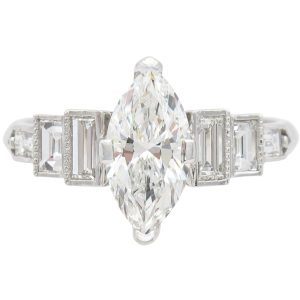 GIA 1.54ctw Marquise Diamond Engagement Ring with Baguette Diamond Accents in 14K White Gold front