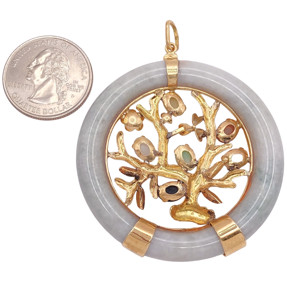 Jade Tree Of Life Statement Pendant 14K Gold back and size Jade Tree Of Life Statement Pendant 14K Gold back and size