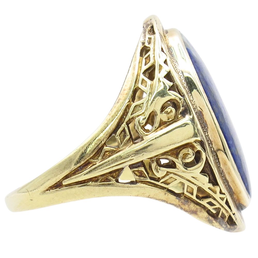 Lapis Lazuli Filigree Detail Edwardian Ring 14K Yellow Gold Side Lapis Lazuli Filigree Detail Edwardian Ring 14K Yellow Gold Side