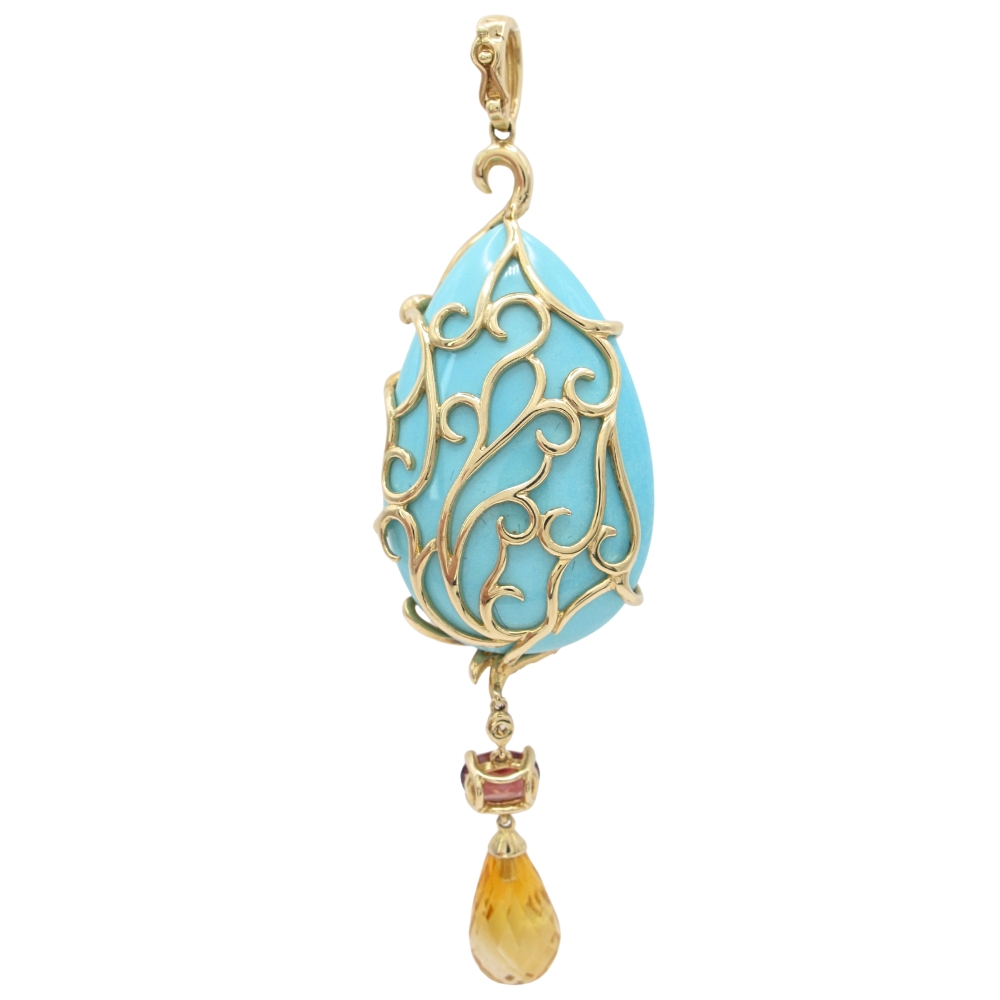 Multi-Gem Peacock Statement Pendant 14K Gold back Multi-Gem Peacock Statement Pendant 14K Gold back