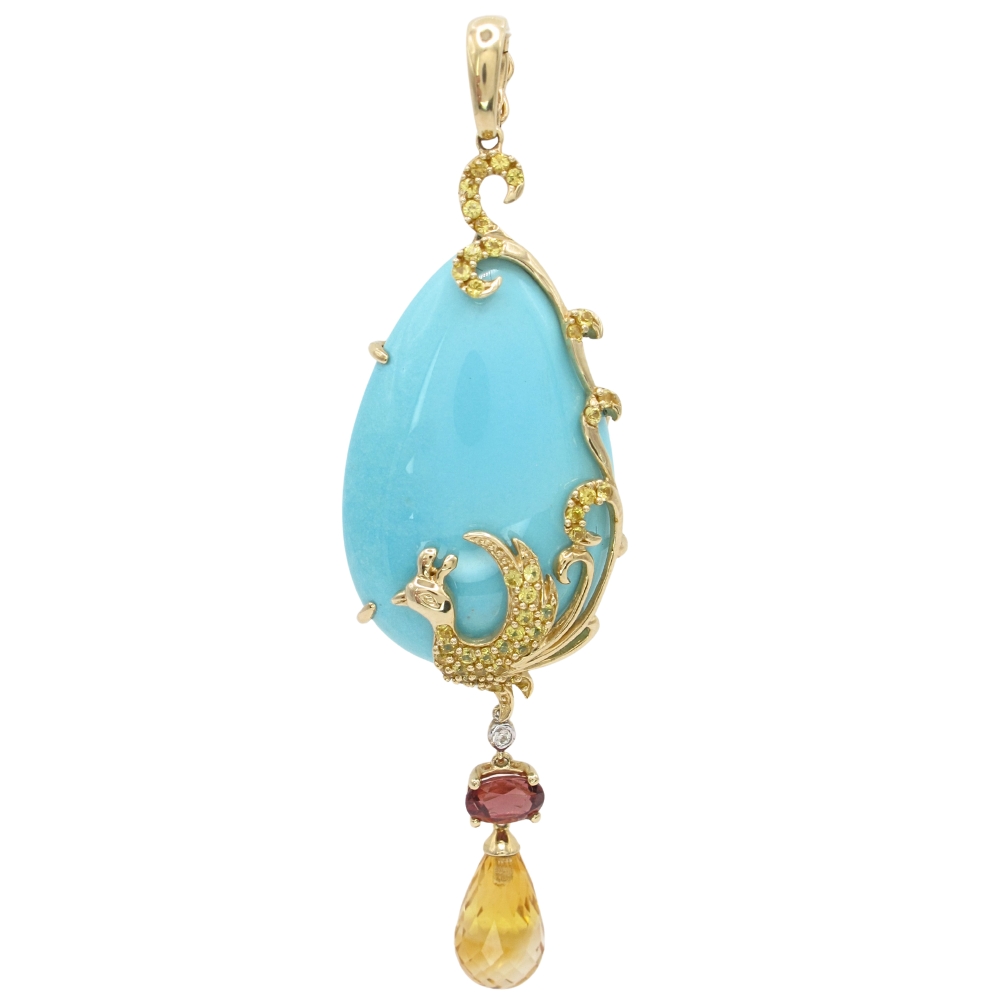 Multi-Gem Peacock Statement Pendant 14K Gold front Multi-Gem Peacock Statement Pendant 14K Gold front