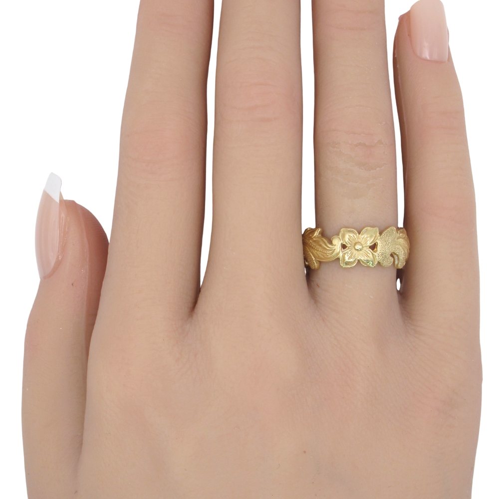 Ornate Floral Eternity Band Ring 14K Gold worn Ornate Floral Eternity Band Ring 14K Gold worn