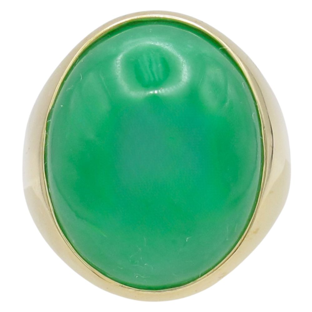 Oval Apple Green Jade Men's Signet Ring 14K Yellow Gold Front Oval Apple Green Jade Men's Signet Ring 14K Yellow Gold Front