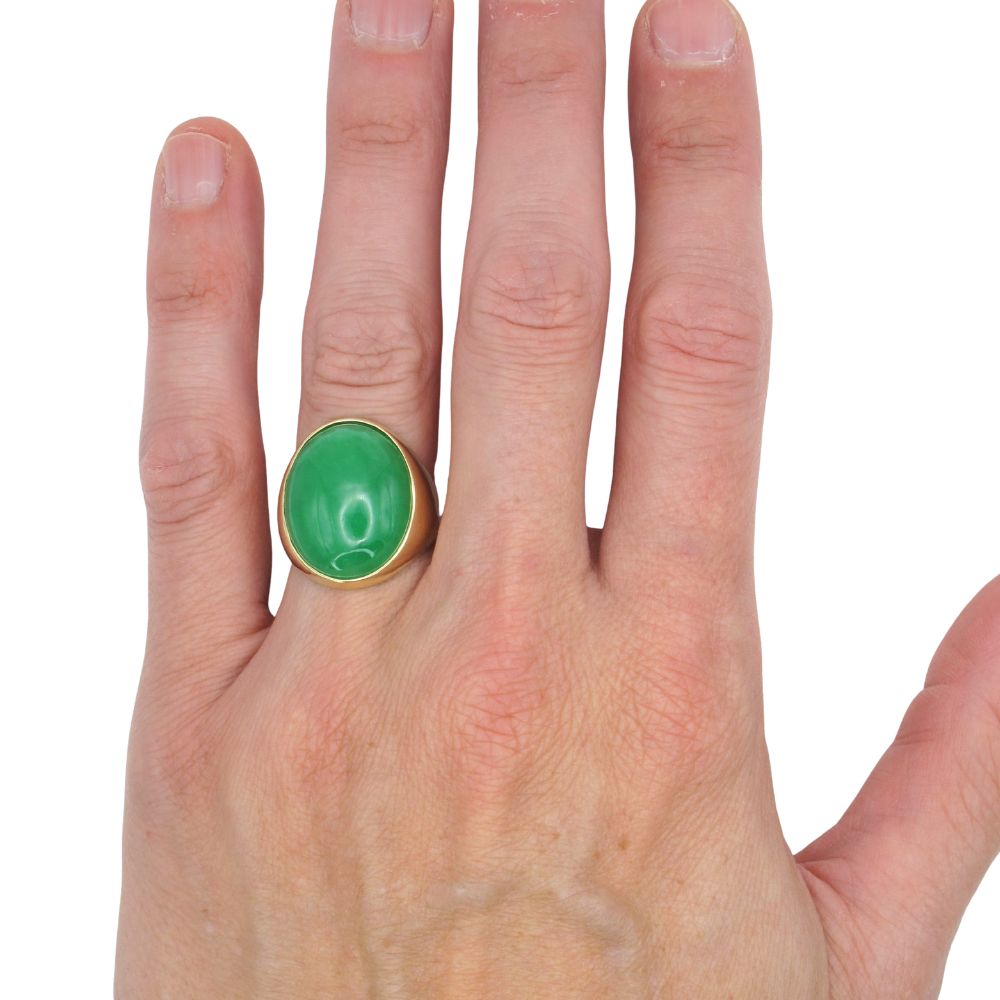 Oval Apple Green Jade Men's Signet Ring 14K Yellow Gold Modeled Oval Apple Green Jade Men's Signet Ring 14K Yellow Gold Modeled