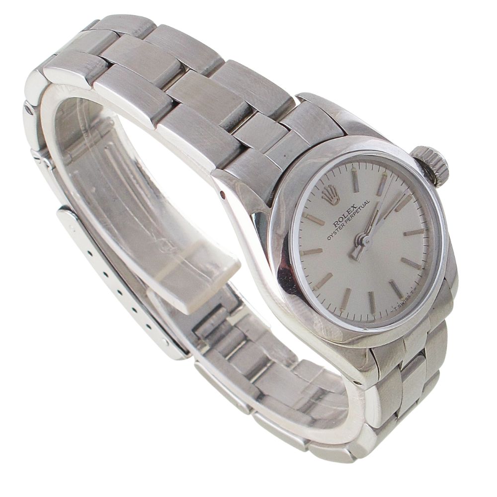 Pre-Owned Ladies Rolex 26MM Oyster Perpetual (1983) Stainless Steel Model 67180 Left
